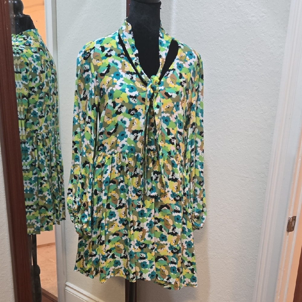 TED BAKER Floral Long Sleeve Dress with Tie Neck